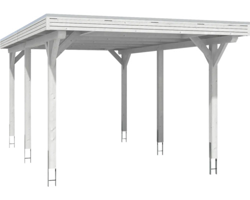 Abri de voiture en bois avec toit plat et poteaux
