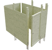 Chalet de jardin en bois en construction avec porte et cadre de fondation