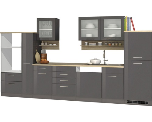 Held Möbel Küchenzeile Mailand 370 cm Frontfarbe grau Hochglanz Korpusfarbe graphit