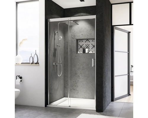 Porte coulissante pour niche Breuer Panorama 140 cm butée à gauche, en verre transparent, profilé couleur chrome Design de salle de bain moderne avec cabine de douche, pomme de douche et robinetterie