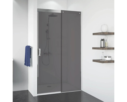 Porte coulissante pour niche Breuer Panorama 140 cm butée à droite, en verre décoratif gris, profilé couleur chrome Cabine de douche avec porte coulissante en verre