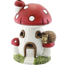 Dekorative Pilzhausfigur mit Igel als Gartendekoration