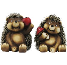 Deux figurines décoratives de hérisson, une avec une pomme et une avec un champignon.