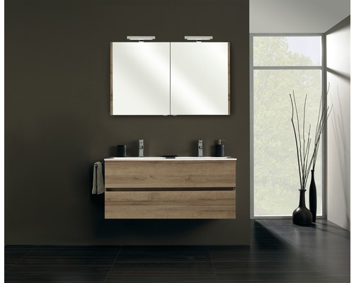 Ensemble de meubles de salle de bains Pelipal Napoli 150-034 chêne riviera Salle de bains moderne avec meuble sous-lavabo, vasque à poser et armoire de toilette.