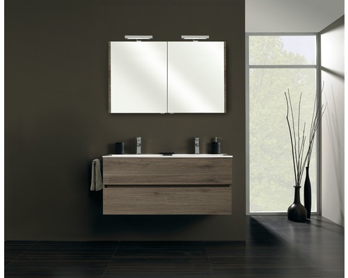 Ensemble de meubles de salle de bains Pelipal Napoli 150-033 chêne sanremo Salle de bains moderne avec meuble sous-lavabo, miroir et fenêtre