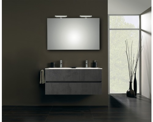 Ensemble de meubles de salle de bains Pelipal Napoli 150-030 oxyde gris foncé Salle de bain moderne avec meuble-lavabo double, miroir, robinetterie et décoration.