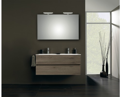 Ensemble de meubles de salle de bains Pelipal Napoli 150-028 chêne sanremo Salle de bain avec meuble sous-lavabo, miroir et fenêtre pour une ambiance claire et spacieuse
