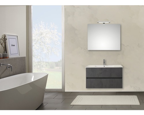 Ensemble de meubles de salle de bains Pelipal Napoli 150-010 oxyde gris foncé Salle de bain moderne avec baignoire, meuble-lavabo, miroir et tapis de bain pour une ambiance élégante