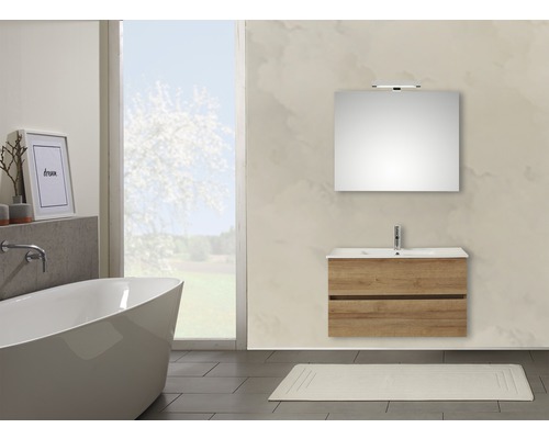 Ensemble de meubles de salle de bains Pelipal Napoli 150-009 chêne riviera Salle de bains avec baignoire, meuble sous-lavabo, lavabo et miroir