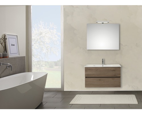 Ensemble de meubles de salle de bains Pelipal Napoli 150-008 chêne sanremo Salle de bains avec baignoire, meuble sous-lavabo, miroir et tapis de bain