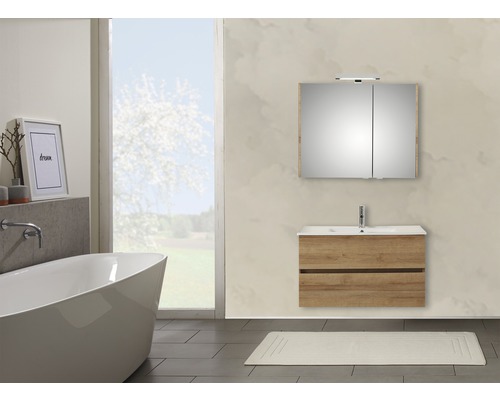 Ensemble de meubles de salle de bains Pelipal Napoli 150-014 chêne riviera Salle de bains moderne avec meuble sous-lavabo, armoire de toilette et baignoire