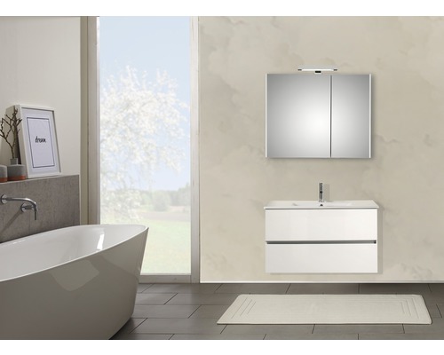 Ensemble de meubles de salle de bains Pelipal Napoli 150-011 blanc brillant Salle de bain moderne avec baignoire, meuble sous-lavabo et armoire de toilette