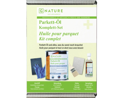 Set d'huile pour parquet G-NATURE incolore intérieur Set complet d''huile pour parquet de G Nature avec non-tissé abrasif, huile, tampon à polir et huile d''entretien