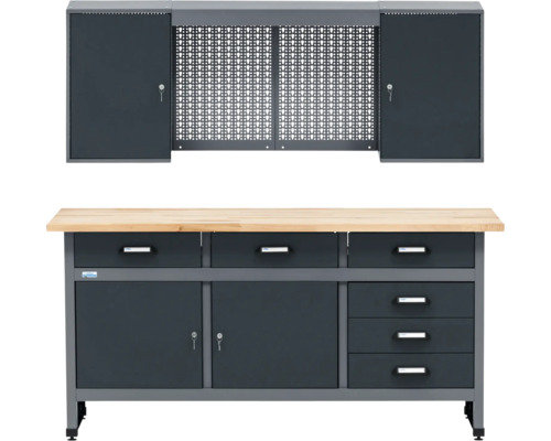 Werkbank mit Schubladen, Schrank und Lochwand