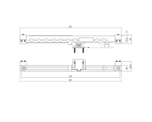Dessin technique d''une ferrure de fenêtre avec indications de dimensions.