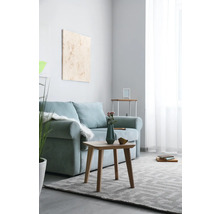 Wohnzimmer mit Sofa, Holztisch und Teppich