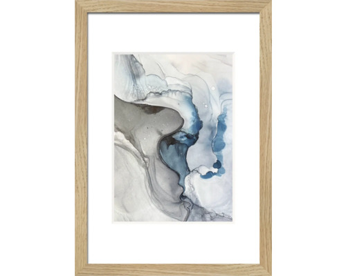 Gerahmtes abstraktes Kunstwerk mit hellen Holzelementen