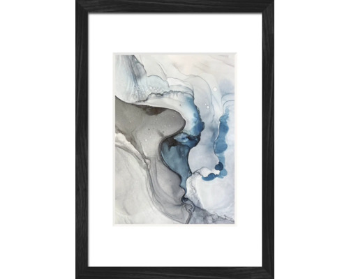 Gerahmtes abstraktes Kunstwerk mit grau-blauen Farbverläufen