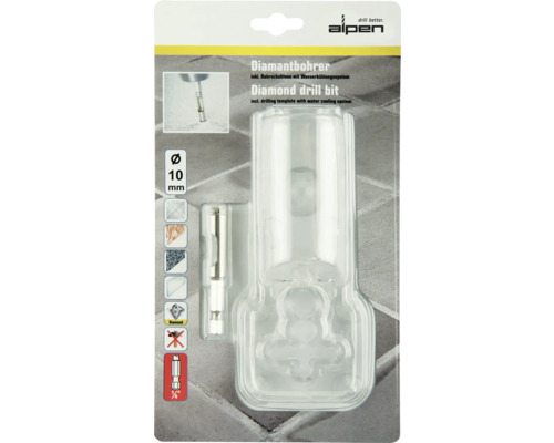 Alpen Diamantbohrer 10 mm mit Bohrschablone und Wasserkühlungssystem