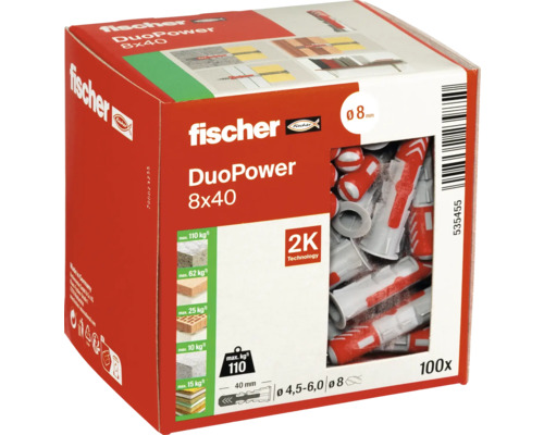Fischer DuoPower 8x40 Dübel, 100 Stück in Verpackung