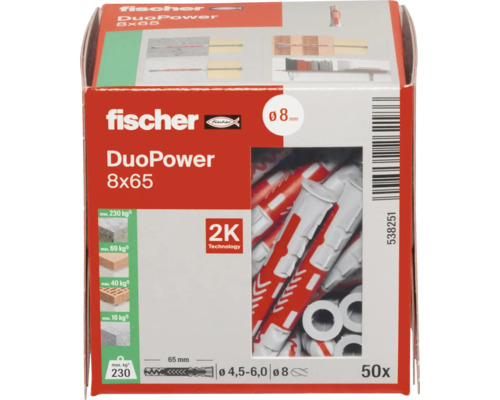 Chevilles Fischer DuoPower 8x65, 50 pièces par paquet