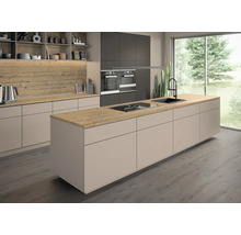 Moderne Küche mit Kochinsel, Spüle und Holzarbeitsplatte