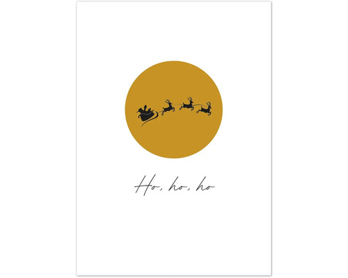 Weihnachtspostkarte gold ho ho ho Fliegender Weihnachtsmann 10,5x14,8 cm Illustration mit Weihnachtsmann im Schlitten vor gelbem Kreis und dem Schriftzug Ho, ho, ho