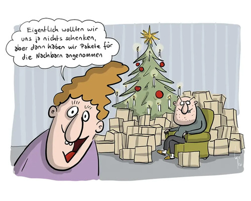 "Cartoon mit Paar, Weihnachtsbaum und vielen Paketen