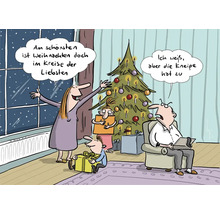 Cartoon einer Familie zu Weihnachten mit Weihnachtsbaum und Geschenken