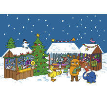 Illustration eines Weihnachtsmarktes mit verschiedenen Ständen und Figuren