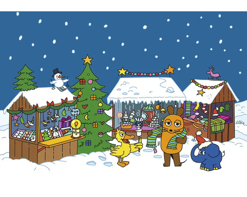 Weihnachtspostkarte Weihnachtsmarkt Sendung mit der Maus 14,8x10,5 cm Illustration eines Weihnachtsmarktes mit verschiedenen Ständen und Figuren