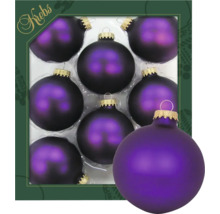 Huit boules de Noël violettes dans un emballage.