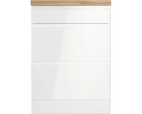 Weisser Waschtischunterschrank mit drei Schubladen und einer Holzplatte