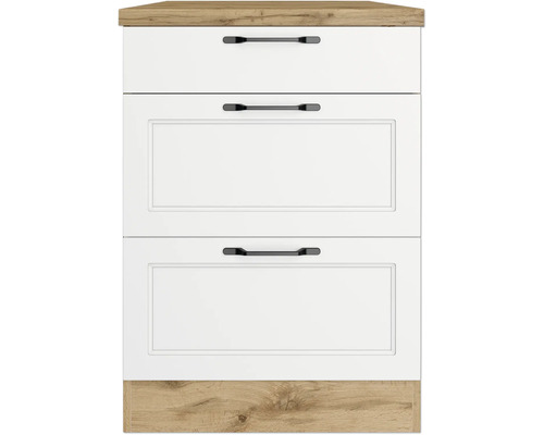 Küchenschrank mit drei Schubladen und schwarzen Griffen