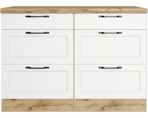 Meuble bas de cuisine avec tiroirs et plan de travail aspect bois