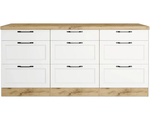 Meuble de cuisine avec six tiroirs et plateau en bois