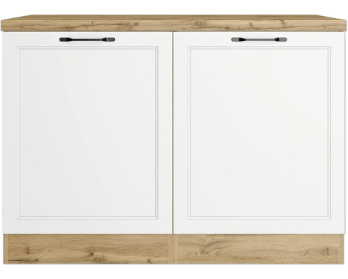 Unterschrank mit zwei weißen Türen und Holzoptik
