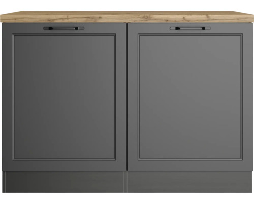 Unterschrank mit zwei grauen Türen und einer hellen Holzplatte