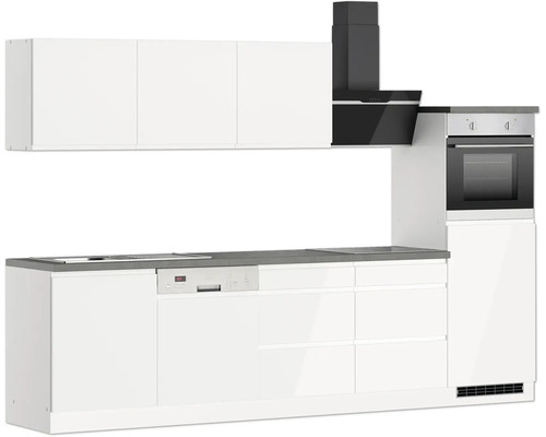 Cuisine moderne avec évier, lave-vaisselle, cuisinière, hotte et éléments hauts