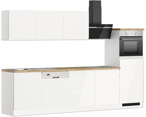 Küchenzeile mit Geschirrspüler, Herd, Dunstabzugshaube und Hängeschränken