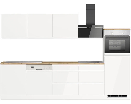 Cuisine intégrée claire avec évier, lave-vaisselle, plaque de cuisson, hotte aspirante et four