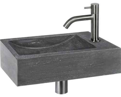 Aufsatzwaschbecken aus Stein mit Armatur