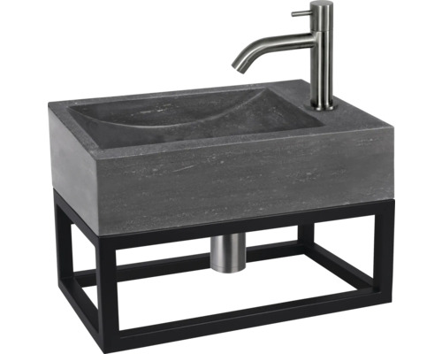 Waschtisch mit Armatur auf schwarzem Metallgestell