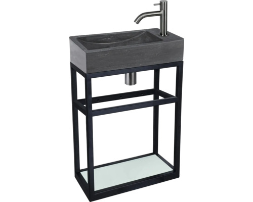 Waschtisch mit Waschbecken aus Stein und schwarzem Metallgestell