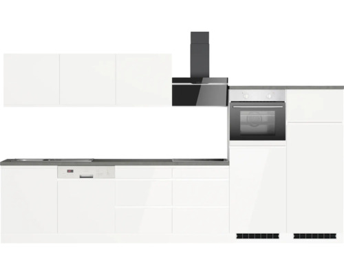 Cuisine équipée avec évier, lave-vaisselle, cuisinière et hotte aspirante