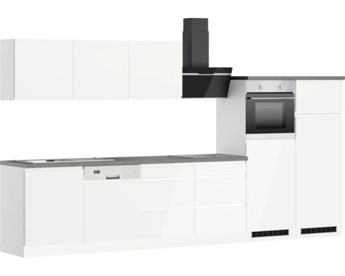 Cuisine moderne avec armoires blanches, hotte aspirante et four encastrable