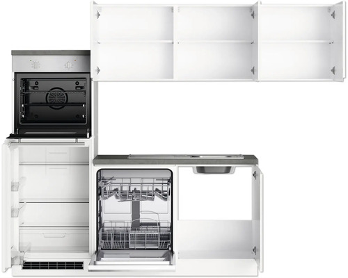 Cuisine équipée avec appareils intégrés : four, réfrigérateur, lave-vaisselle, évier et armoires suspendues