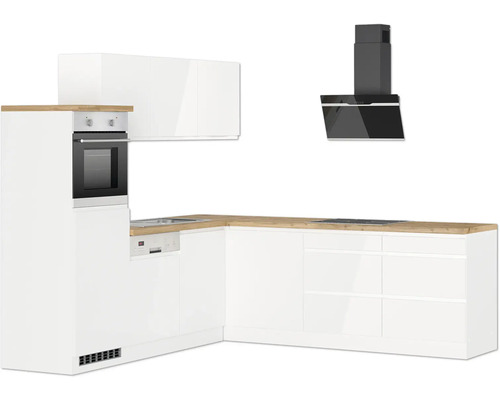 Cuisine moderne avec armoires blanches, plan de travail et hotte aspirante