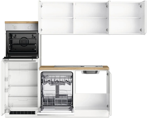 Cuisine équipée avec four, réfrigérateur, lave-vaisselle, évier et éléments hauts