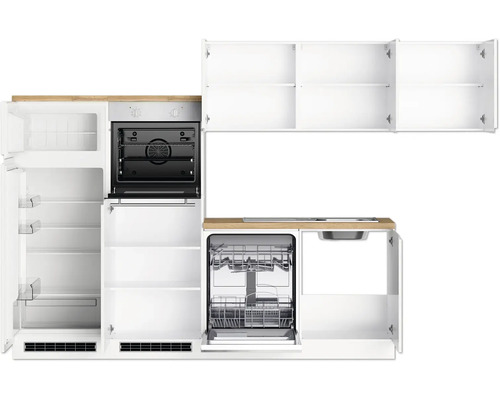 Cuisine équipée avec réfrigérateur, four, lave-vaisselle, évier et armoires
